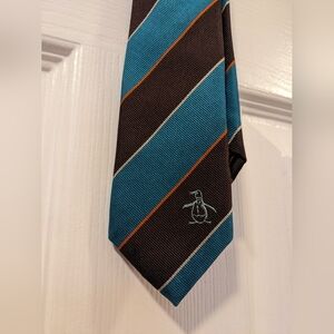 Penguin Striped Tie in Blue and Brown